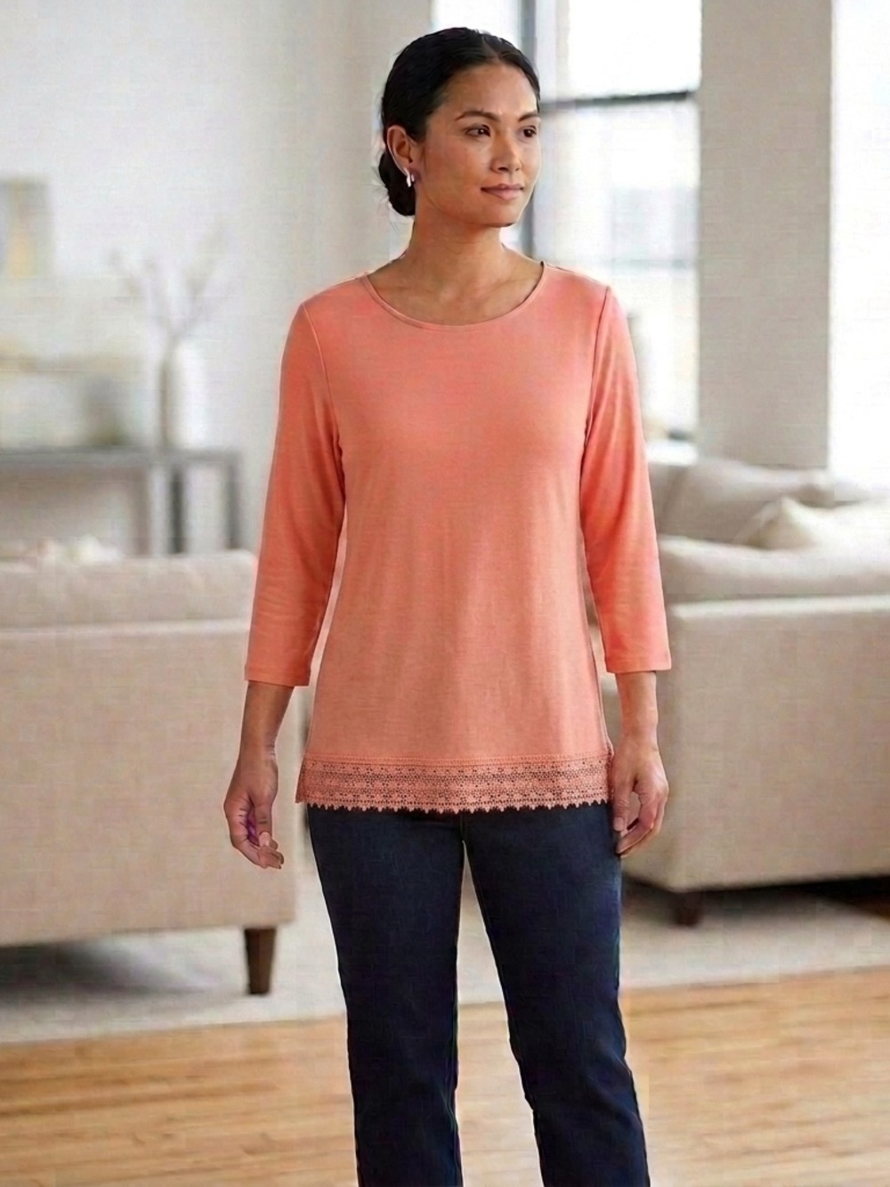 Intro Tunic Top Peach Orange Women’s Petite Size L Lace Hem 3/4 Sleeve Stretch